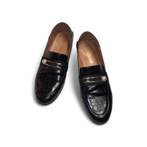 Black Croc Embossed Loafers w/ Gold & Pearl Detail – Women’s 7.5